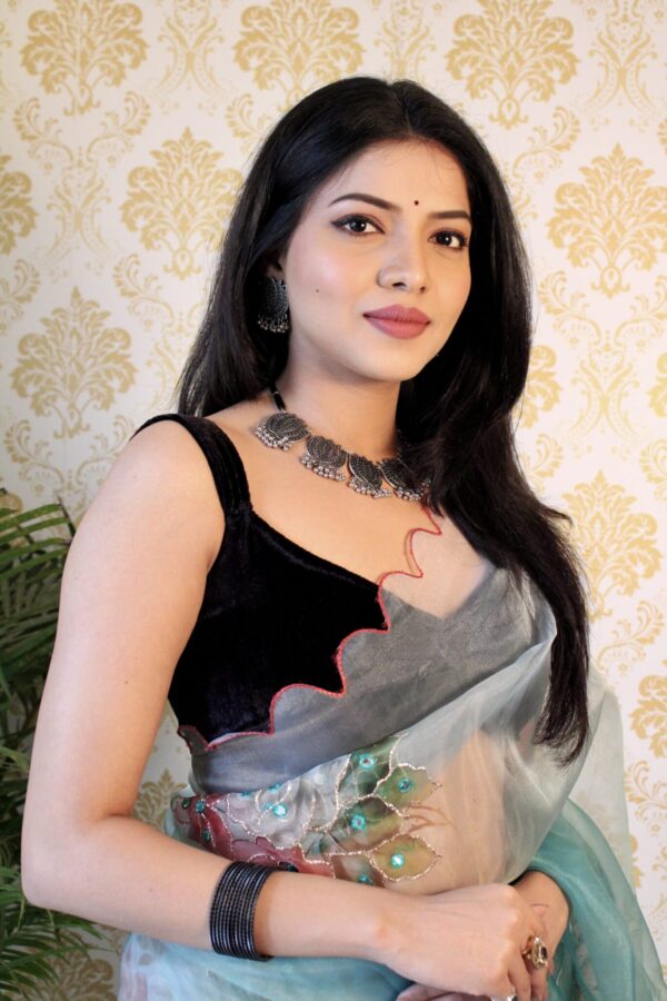Stylish Organza Floral Sky Blue Saree