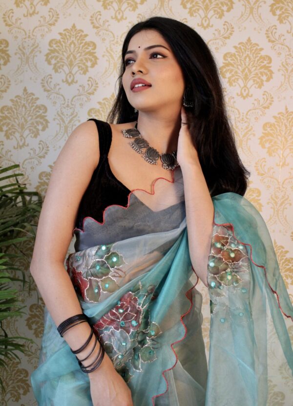 Stylish Organza Floral Sky Blue Saree