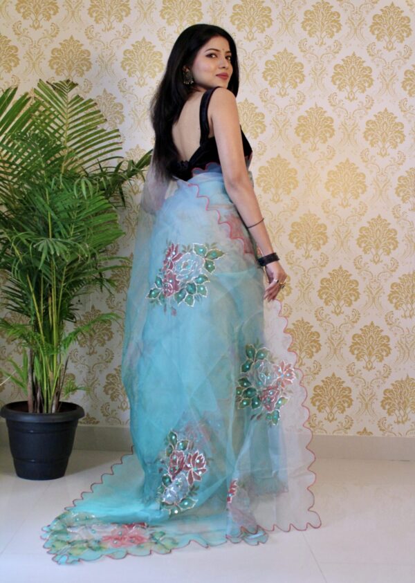 Stylish Organza Floral Sky Blue Saree
