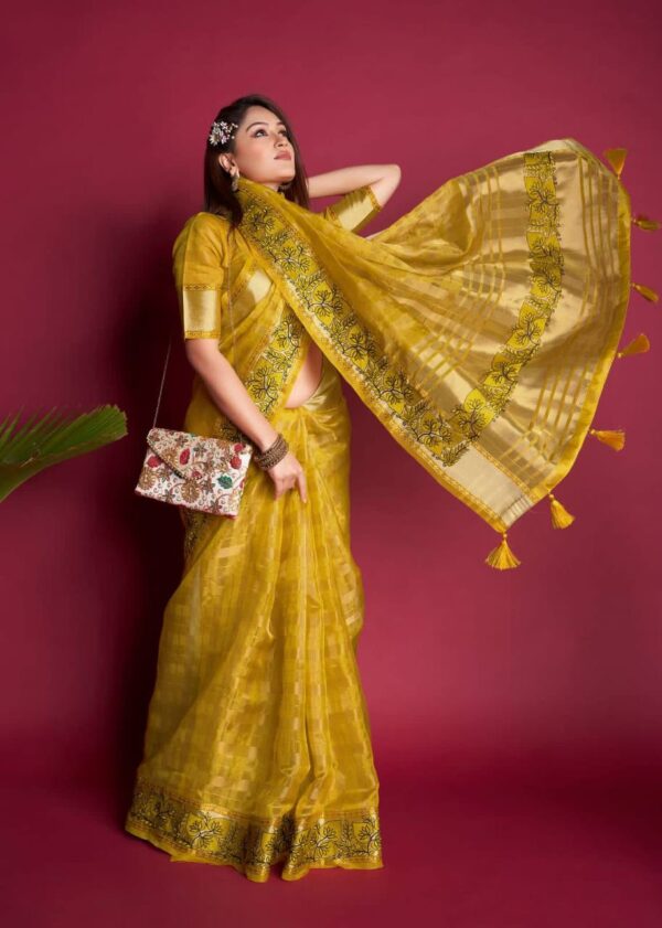 Yellow Organza Handloom Cotton Saree