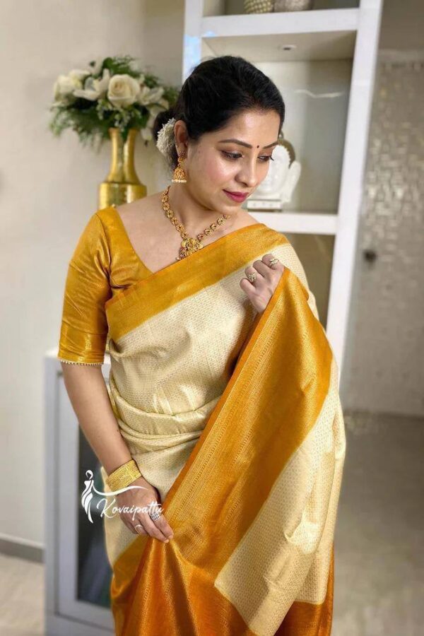 Wedding Banarasi Yellow White Saree
