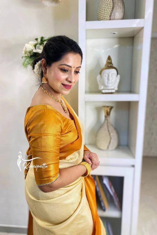 Wedding Banarasi Yellow White Saree