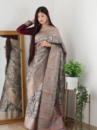 Fancy Floral Design Grey Saree