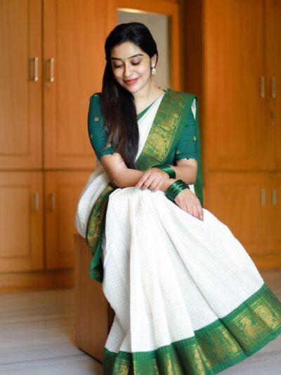 Banarasi White Saree With Green Border