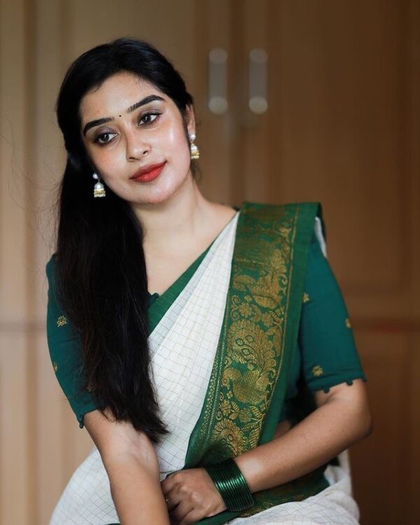 Banarasi White Saree with Green Border