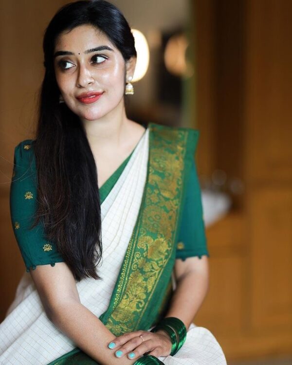 Banarasi White Saree with Green Border