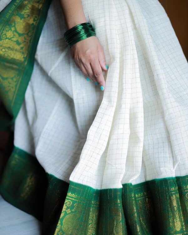 Banarasi White Saree with Green Border