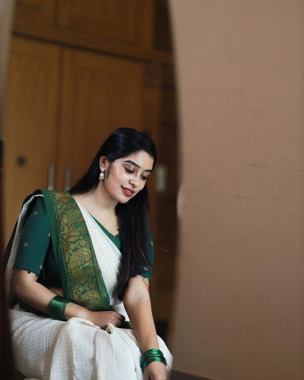 Banarasi White Saree with Green Border