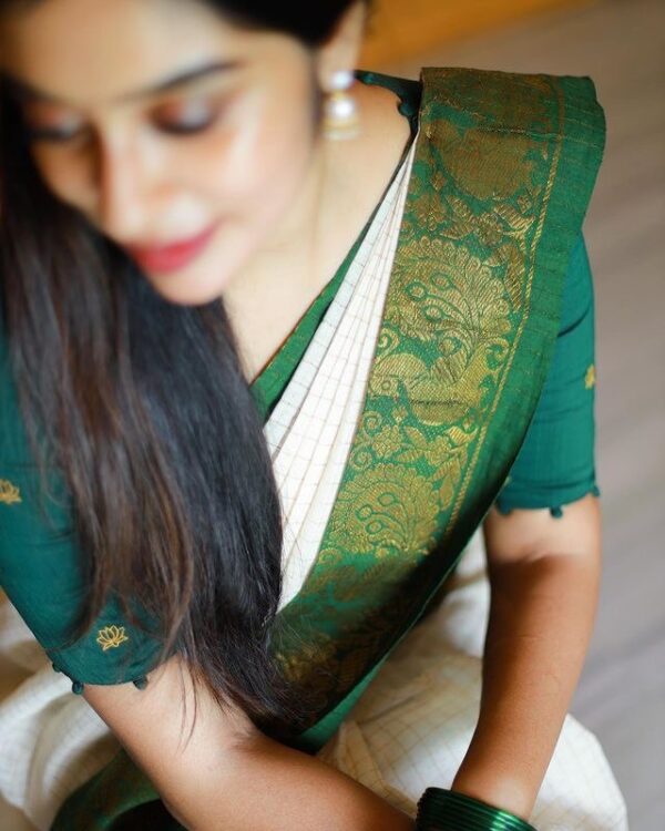 Banarasi White Saree with Green Border