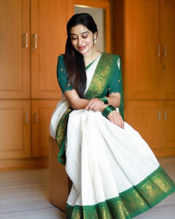 Banarasi White Saree with Green Border