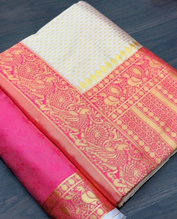 Banarasi White Saree with Pink Border