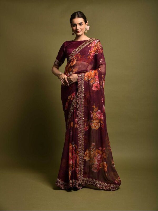 Georgette Sequence Border Maroon Saree