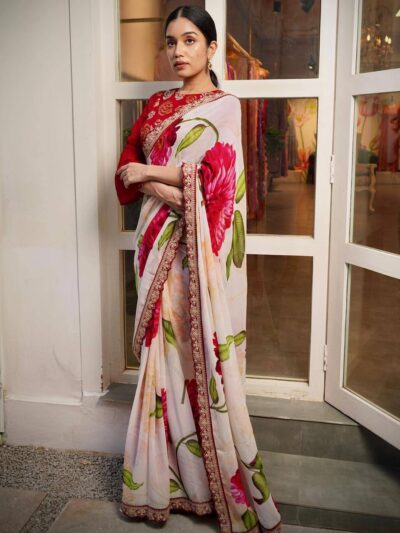 Floral Design White Saree