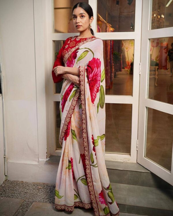 Floral Design White Saree
