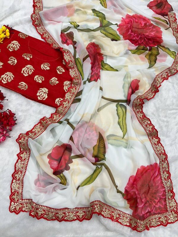 Floral Design White Saree