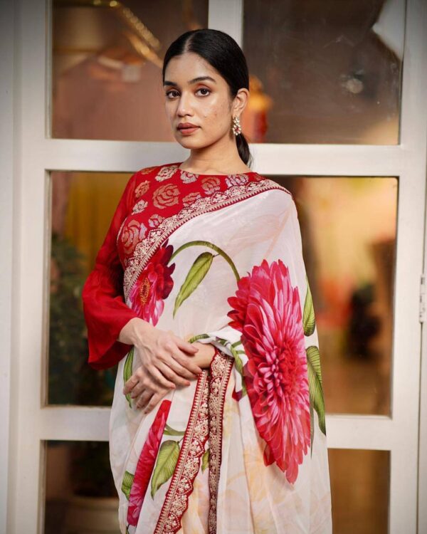 Floral Design White Saree
