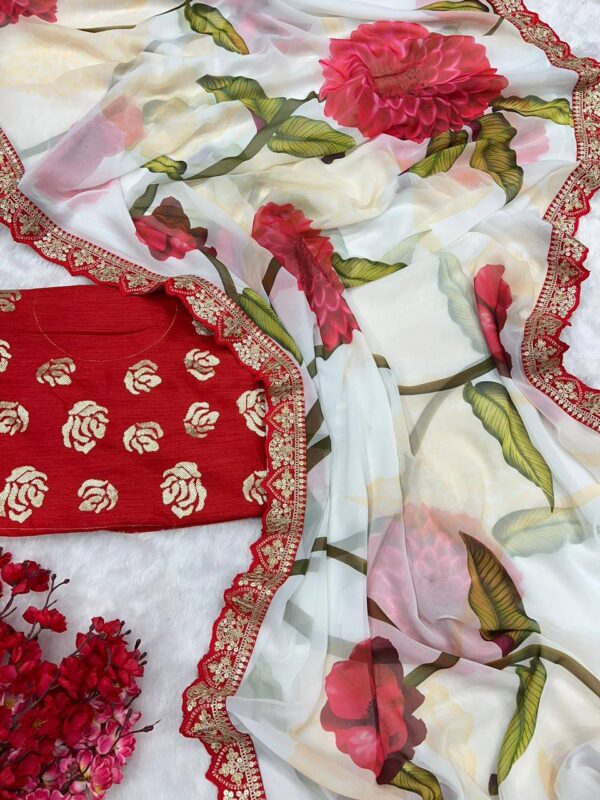 Floral Design White Saree