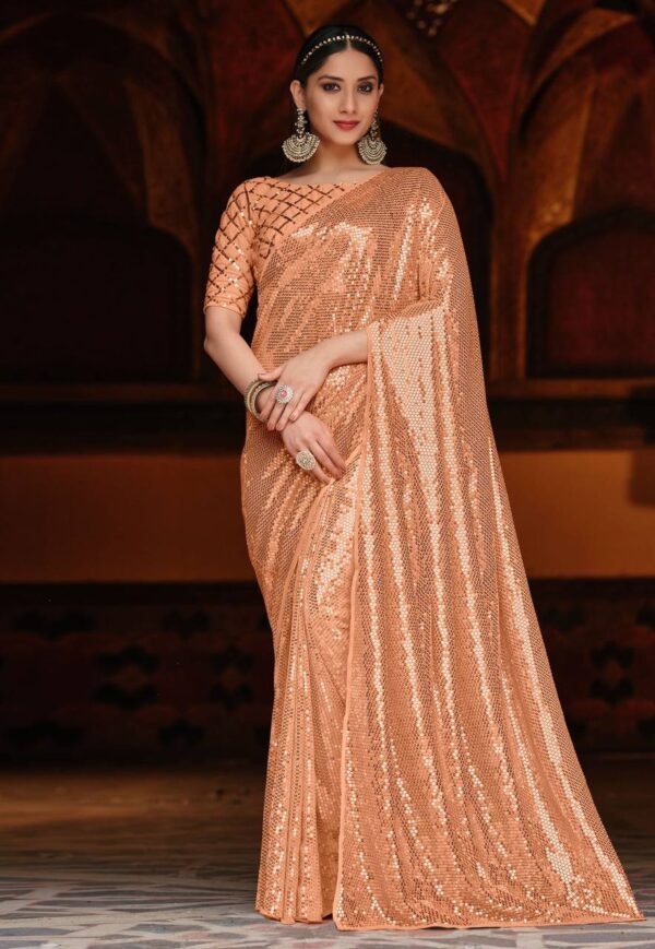 Party Wear Sequence Orange Saree