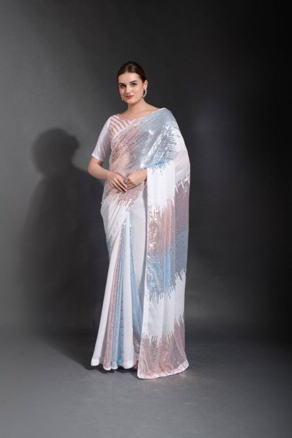 Stylish Sequence Party White Saree