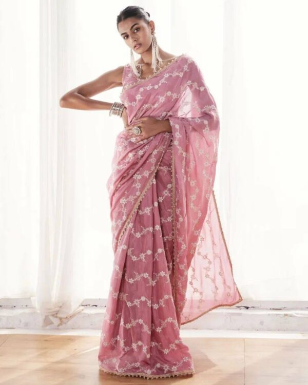 Wedding Embroidery Work Pink Saree