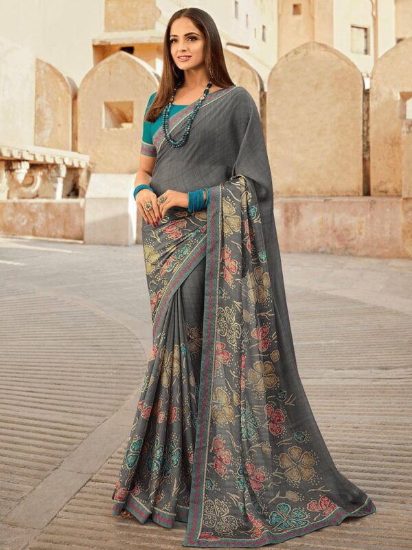 Floral Design Grey Saree