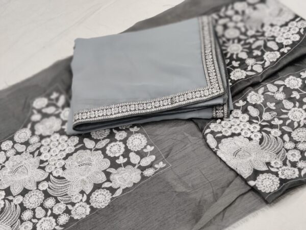 Plain Grey Saree Work Border and Blouse