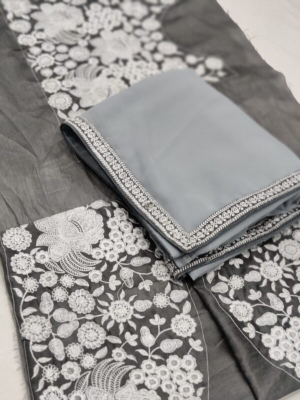 Plain Grey Saree Work Border and Blouse