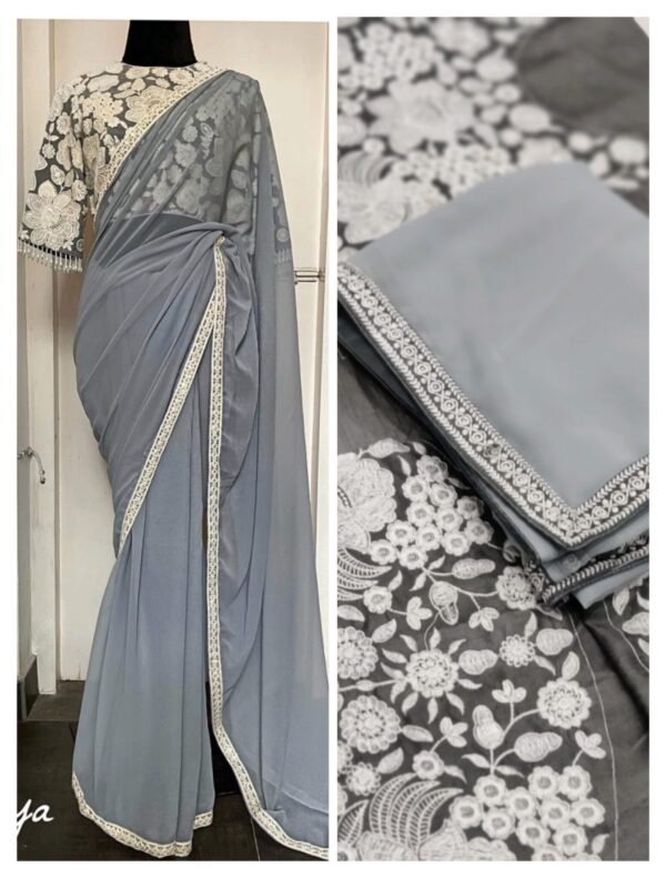Plain Grey Saree Work Border and Blouse