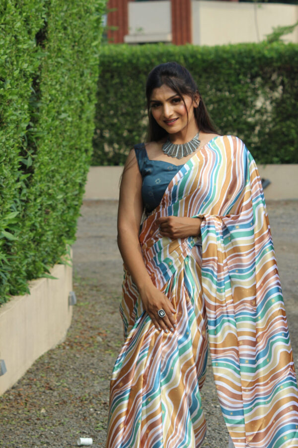Aqua Blue Floral Satin Ready To Wear Saree