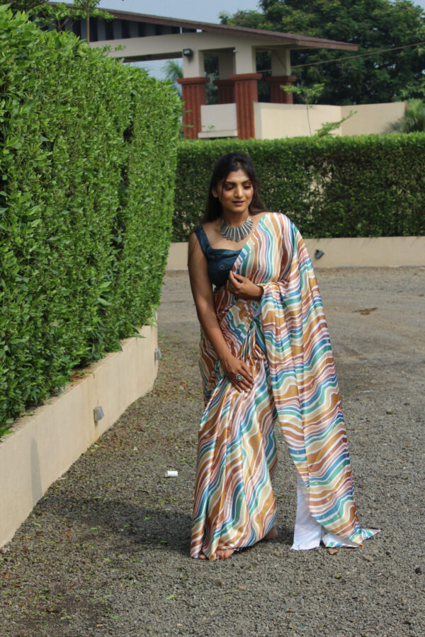 Aqua Blue Floral Satin Ready To Wear Saree