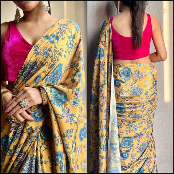 Yellow Party Wear Floral Silk Satin Saree