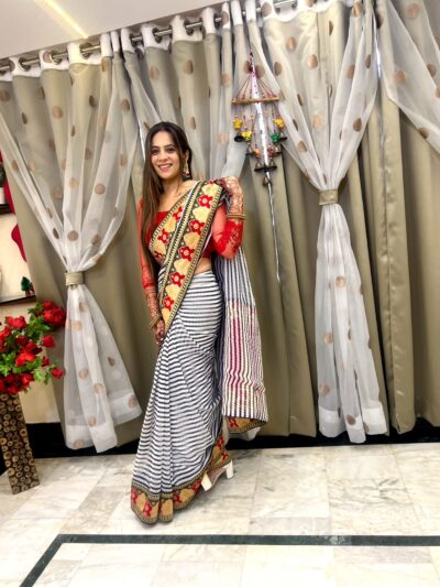 Stylish Black Weaving White Saree