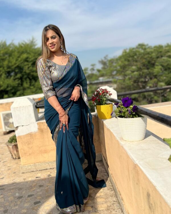 Plain Blue Saree Sequence Border