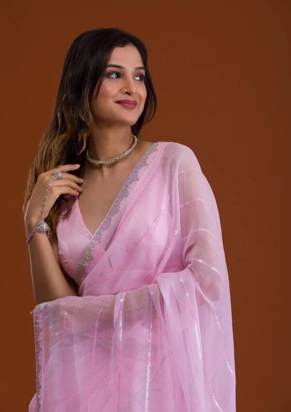 Pink Saree with Sequence and Diamond Work