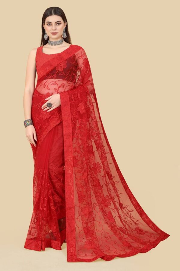 Net Fabric Red Saree with work