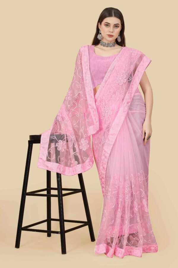 Net Fabric Pink Saree with work