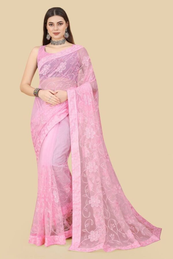 Net Fabric Pink Saree with work