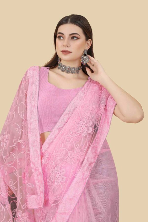 Net Fabric Pink Saree with work