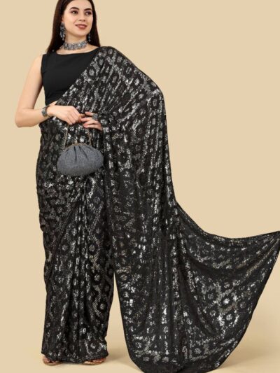 Buy Black Sequence Party Wear Saree