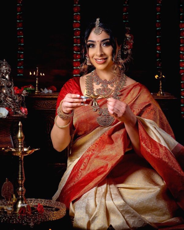 Banarasi Red Border White Saree