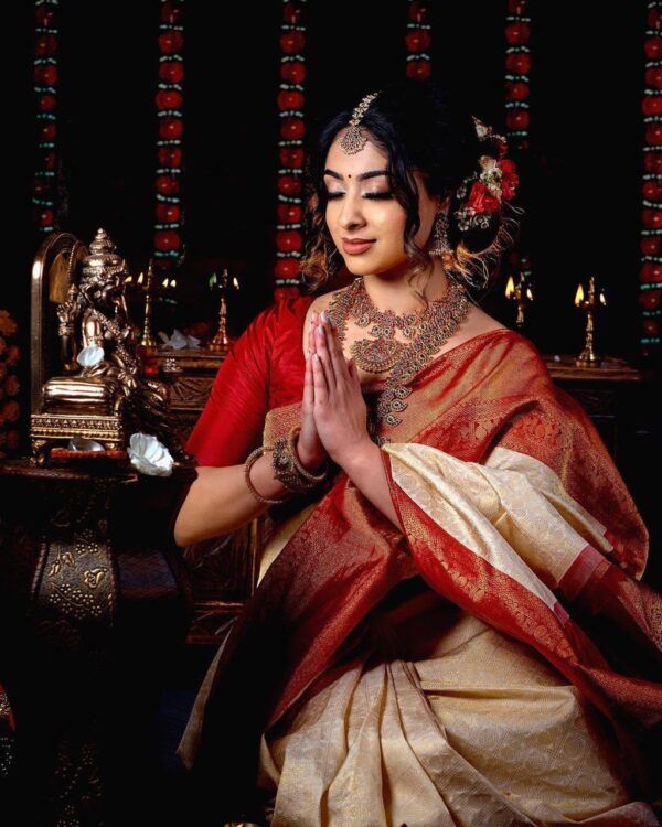 Banarasi Red Border White Saree
