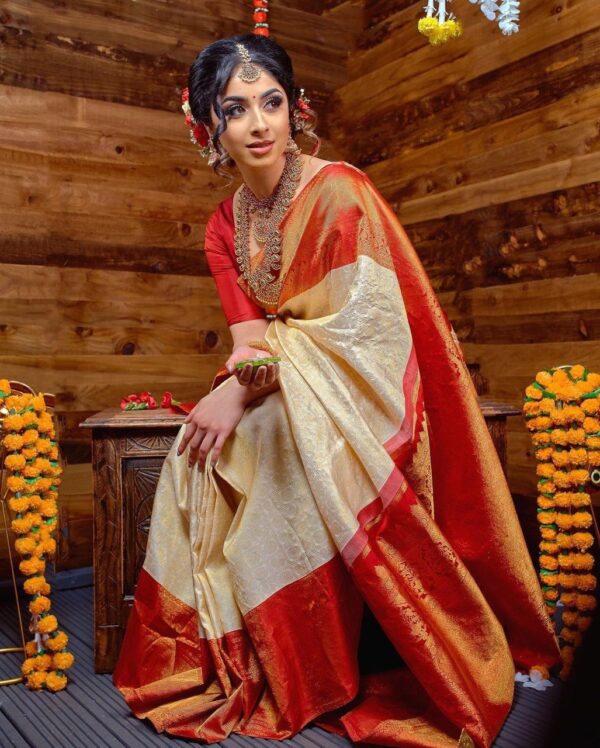 Banarasi Red Border White Saree