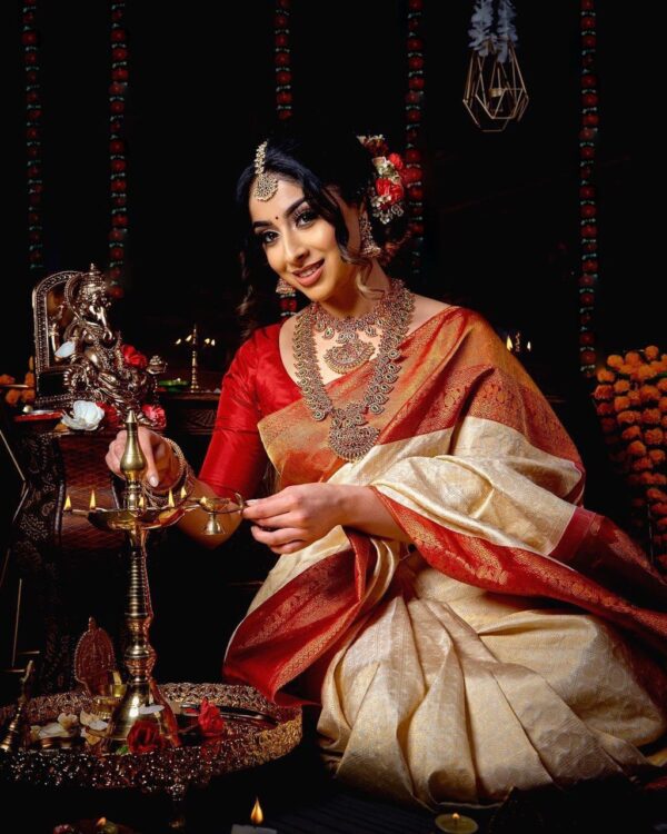 Banarasi Red Border White Saree