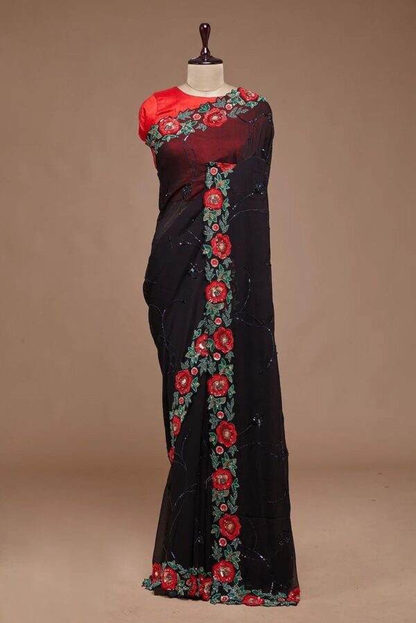 Beautiful Work Georgette Black Saree