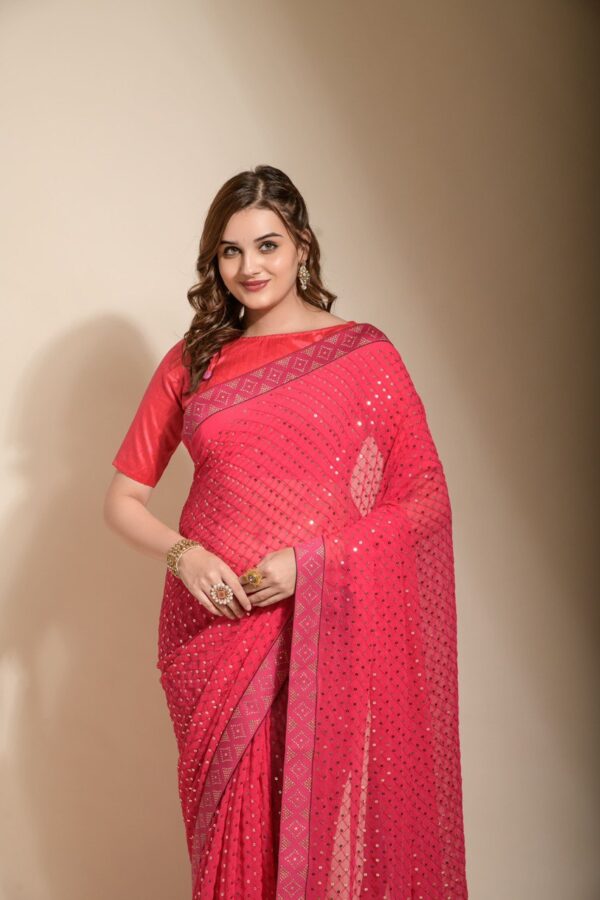 Sequence Work Pink Saree with Lace Border