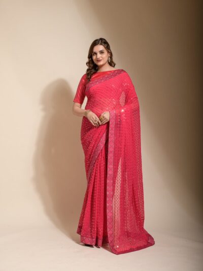 Sequence Work Pink Saree with Lace Border
