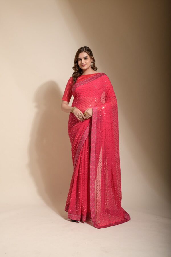 Sequence Work Pink Saree with Lace Border