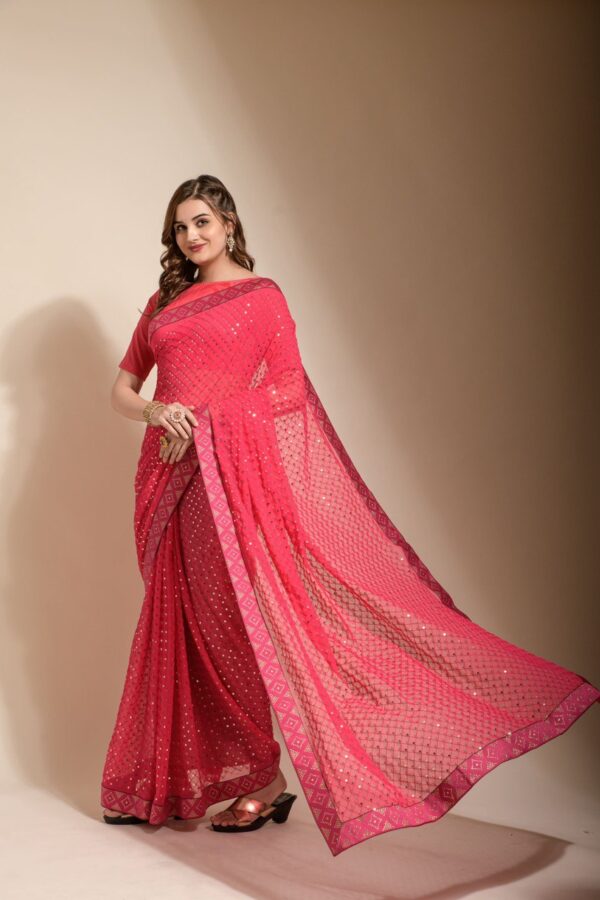Sequence Work Pink Saree with Lace Border