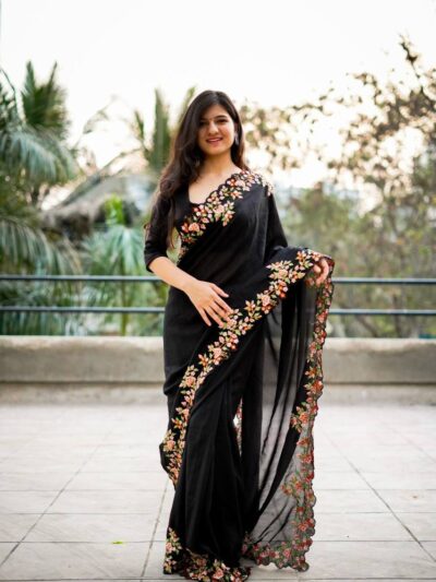 Embroidery Work Georgette Black Saree