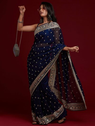 Shop Royal Blue Wedding Embroidery Saree